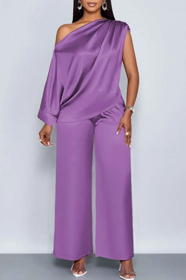 Elegant Satin Oblique Neck Top & Pants Set 6 Elegant Satin Oblique Neck Top & Pants Set - Image 6