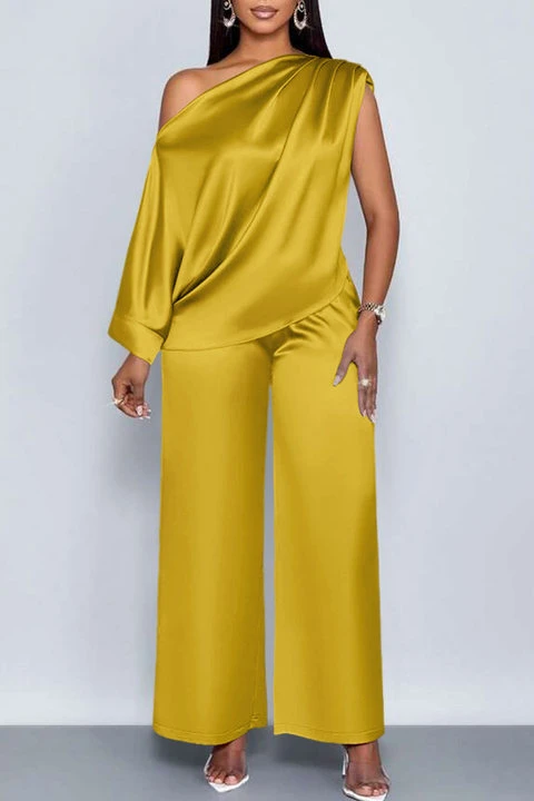 Elegant Satin Oblique Neck Top & Pants Set 9 Elegant Satin Oblique Neck Top & Pants Set - Image 9