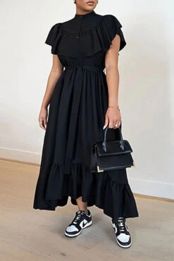 Button Front Ruffle Hem Stylish Dress 7 Button Front Ruffle Hem Stylish Dress -Acorpstyle XTQ0098 BK 3