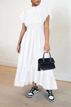 Button Front Ruffle Hem Stylish Dress 8 Button Front Ruffle Hem Stylish Dress -Acorpstyle XTQ0098 WH 1