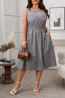 Casual Striped Elastic Waist Midi Dress* 10 Casual Striped Elastic Waist Midi Dress* -Acorpstyle XTQ0263 AS 1