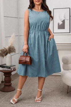 Casual Striped Elastic Waist Midi Dress*