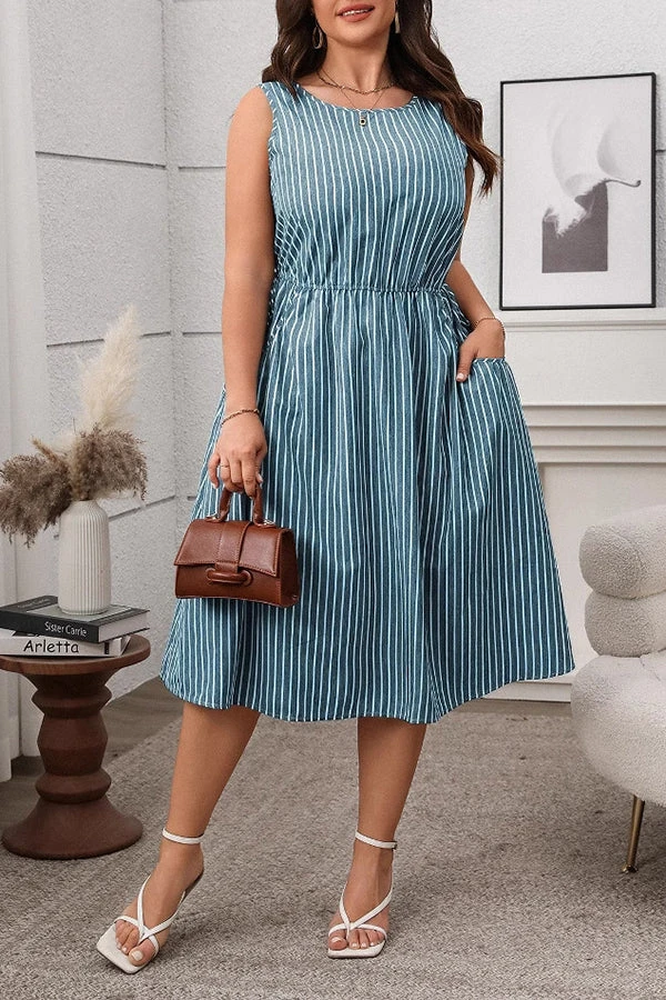 Casual Striped Elastic Waist Midi Dress* 1 Casual Striped Elastic Waist Midi Dress*