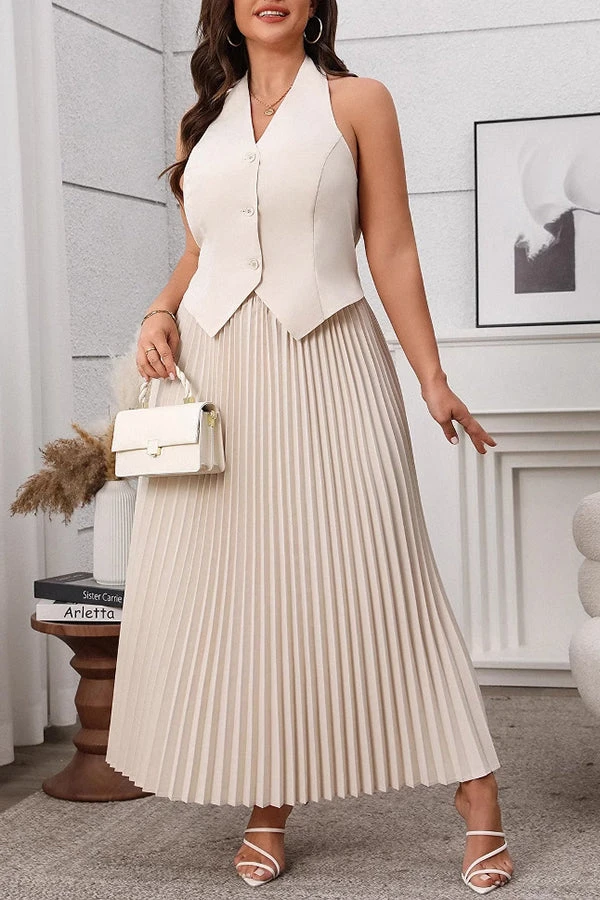 Elegant V-Neck Gilet & Pleated Skirt Set* 1 Elegant V-Neck Gilet & Pleated Skirt Set*