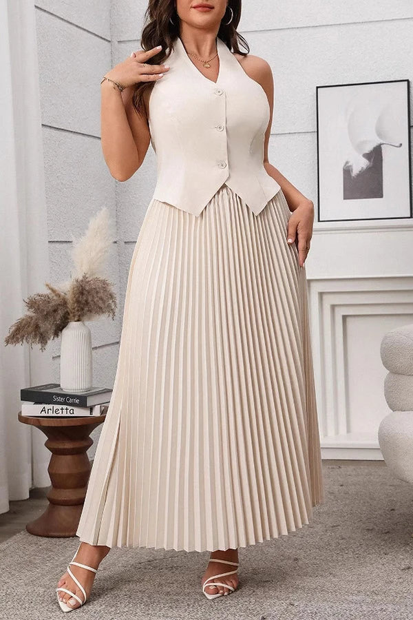 Elegant V-Neck Gilet & Pleated Skirt Set* 2 Elegant V-Neck Gilet & Pleated Skirt Set* - Image 2