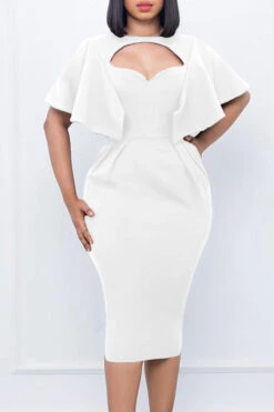Elegant Solid Keyhole Neck Midi Dress -Acorpstyle XTS0179 WH 1