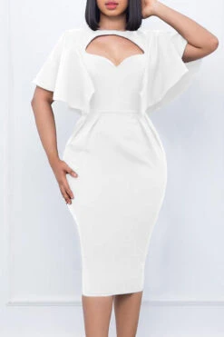 Elegant Solid Keyhole Neck Midi Dress -Acorpstyle XTS0179 WH 2