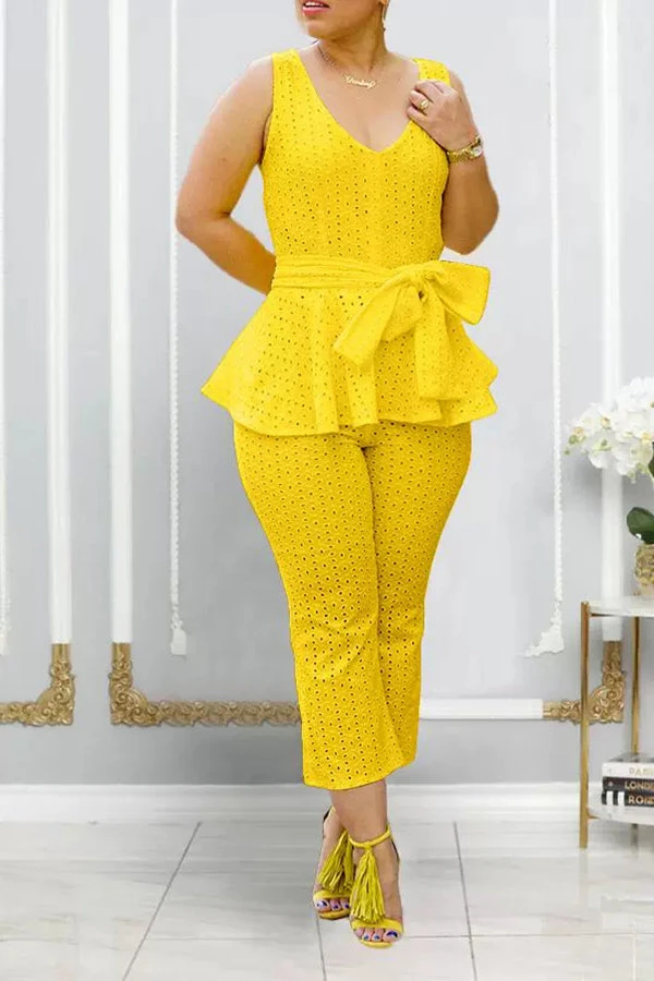 Stylish Belt Pleated Trim Top & Pants Set 1 Stylish Belt Pleated Trim Top & Pants Set