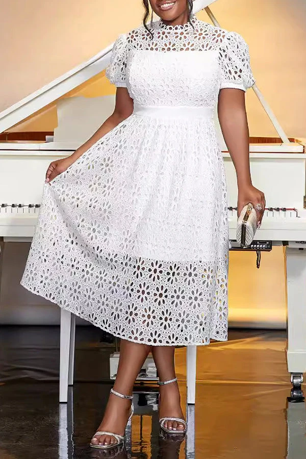 Elegant Lace Puff Sleeve A-line Dress 1 Elegant Lace Puff Sleeve A-line Dress