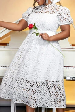 Elegant Lace Puff Sleeve A-line Dress 5 Elegant Lace Puff Sleeve A-line Dress -Acorpstyle XTS0258 WH 3