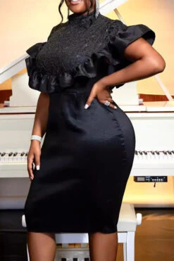 Gorgeous Ruffle Mock Neck Midi Dress -Acorpstyle XTT0270 BK 4