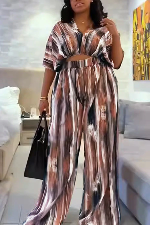 V-Neck Irregular Striped Printed Top & Pants Set 2 V-Neck Irregular Striped Printed Top & Pants Set - Image 2