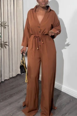Solid Color Lapel Lace Up Wide Leg Jumpsuit 12 Solid Color Lapel Lace Up Wide Leg Jumpsuit -Acorpstyle XTU0525 BR 1