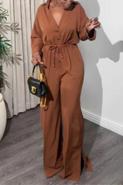 Solid Color Lapel Lace Up Wide Leg Jumpsuit 13 Solid Color Lapel Lace Up Wide Leg Jumpsuit -Acorpstyle XTU0525 BR 2