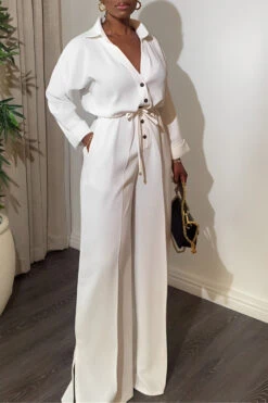 Solid Color Lapel Lace Up Wide Leg Jumpsuit 8 Solid Color Lapel Lace Up Wide Leg Jumpsuit -Acorpstyle XTU0525 WH 2