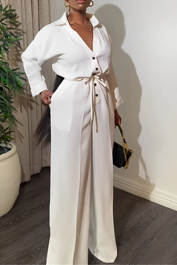 Solid Color Lapel Lace Up Wide Leg Jumpsuit 3 Solid Color Lapel Lace Up Wide Leg Jumpsuit - Image 3