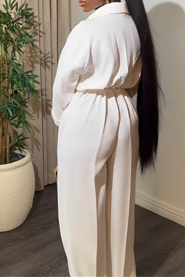 Solid Color Lapel Lace Up Wide Leg Jumpsuit 5 Solid Color Lapel Lace Up Wide Leg Jumpsuit - Image 5