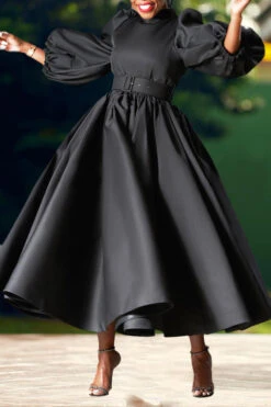 Gorgeous Lantern Sleeve A-line Dress (Without Belt) -Acorpstyle XTX0438 BK 3