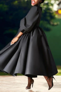 Gorgeous Lantern Sleeve A-line Dress (Without Belt) -Acorpstyle XTX0438 BK 4