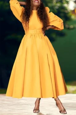 Gorgeous Lantern Sleeve A-line Dress (Without Belt) -Acorpstyle XTX0438 YE 3