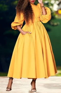 Gorgeous Lantern Sleeve A-line Dress (Without Belt) -Acorpstyle XTX0438 YE 4