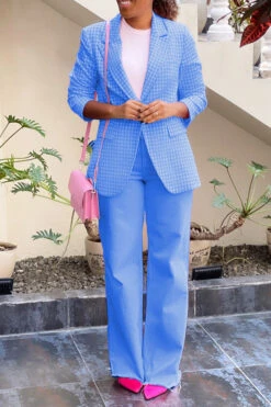 Stylish Peak Collar Plaid Blazer Set -Acorpstyle XTX0529 BL 1