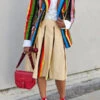 Stylish Striped Colorful Double Breasted Blazer & Skirt Set