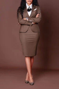 Elegant Peak Collar Solid Blazer & Skirt Set -Acorpstyle XTX1947 BR 3