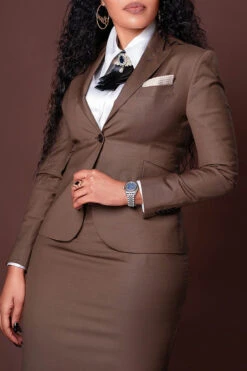 Elegant Peak Collar Solid Blazer & Skirt Set -Acorpstyle XTX1947 BR 4