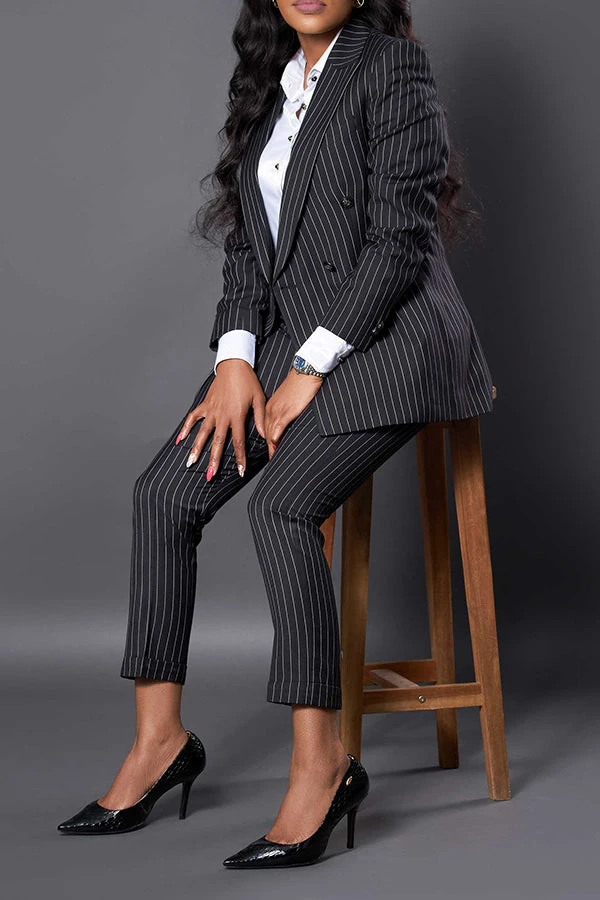 Stylish Striped Peak Lapel Blazer & Pants Set 3 Stylish Striped Peak Lapel Blazer & Pants Set - Image 3