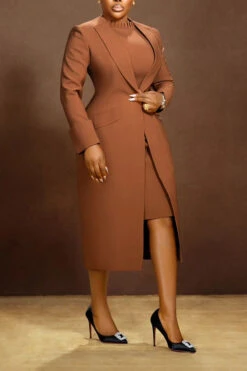 Elegant Solid Longline Blazer & Dress Set 20 Elegant Solid Longline Blazer & Dress Set -Acorpstyle XTX2603 BR 1
