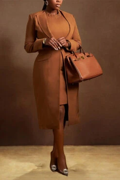 Elegant Solid Longline Blazer & Dress Set 21 Elegant Solid Longline Blazer & Dress Set -Acorpstyle XTX2603 BR 2