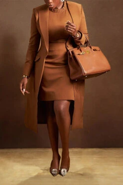 Elegant Solid Longline Blazer & Dress Set 19 Elegant Solid Longline Blazer & Dress Set -Acorpstyle XTX2603 BR 3
