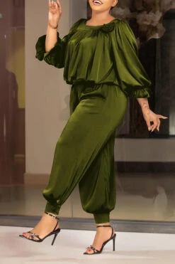 Casual Lantern Sleeve Flower Top & Pants Set -Acorpstyle XTX3541 OL 1