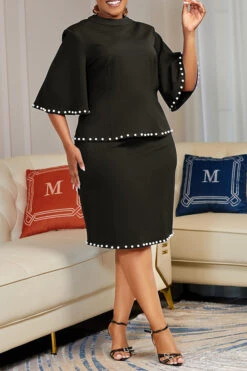 Classic Flutter Sleeve Pearl Top & Skirt Set 11 Classic Flutter Sleeve Pearl Top & Skirt Set -Acorpstyle XTX4771 BK 2