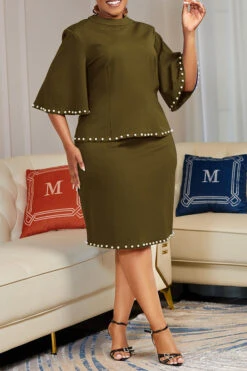 Classic Flutter Sleeve Pearl Top & Skirt Set 13 Classic Flutter Sleeve Pearl Top & Skirt Set -Acorpstyle XTX4771 OL 2