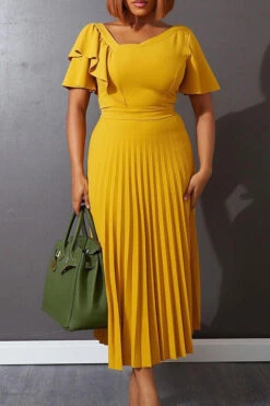 Ruffle Sleeve Pleated Panel Dress 14 Ruffle Sleeve Pleated Panel Dress -Acorpstyle XTY1543 YE 2