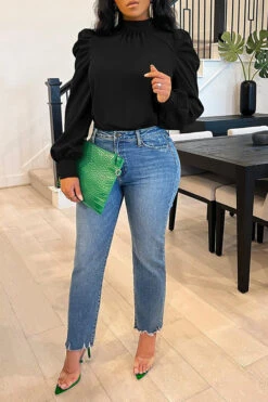 Chic Puff Sleeve Tie Back Blouse 10 Chic Puff Sleeve Tie Back Blouse -Acorpstyle XTY3177 BK 1