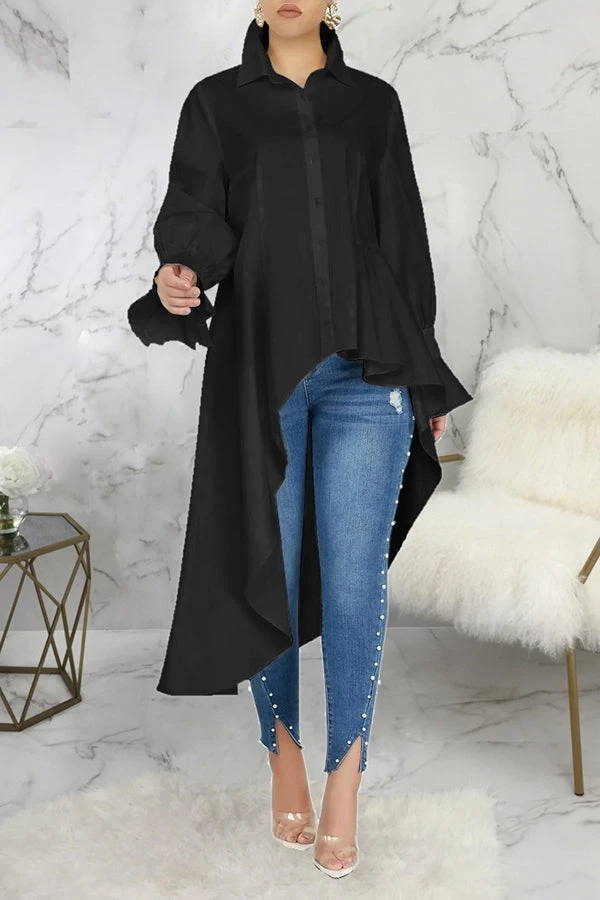 Chic Gathered Sleeve High Low Shirt 1 Chic Gathered Sleeve High Low Shirt