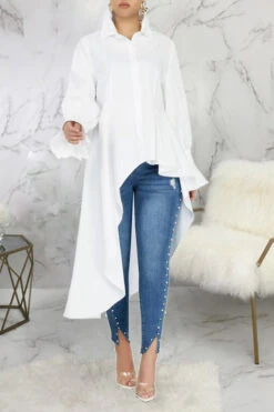 Chic Gathered Sleeve High Low Shirt 9 Chic Gathered Sleeve High Low Shirt -Acorpstyle XTY3670 WH 1