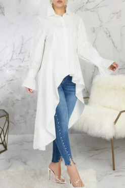 Chic Gathered Sleeve High Low Shirt 10 Chic Gathered Sleeve High Low Shirt -Acorpstyle XTY3670 WH 2