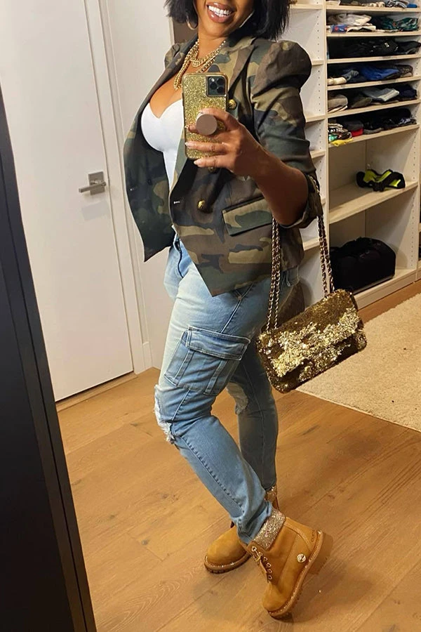 Camo Print Puff Sleeve Crop Blazer 2 Camo Print Puff Sleeve Crop Blazer - Image 2