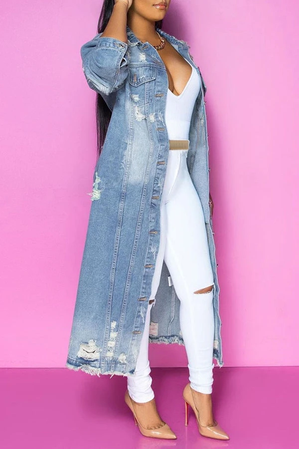 Casual Ripped Long Denim Jacket 2 Casual Ripped Long Denim Jacket - Image 2