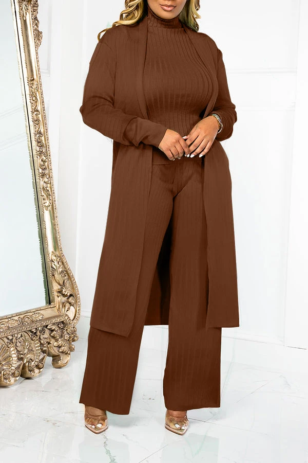 Mock Neck Rib-knit Cardigan 3pcs Set 2 Mock Neck Rib-knit Cardigan 3pcs Set - Image 2