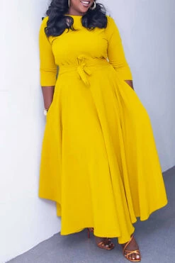 Tie Front 3/4 Length Sleeve Dress 15 Tie Front 3/4 Length Sleeve Dress -Acorpstyle XTY4394 YE 1