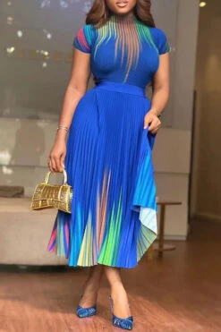 Pleated Print Short Sleeve Midi Dresses 12 Pleated Print Short Sleeve Midi Dresses -Acorpstyle XTY4686 BL 1