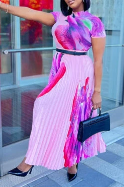 Pleated Print Short Sleeve Midi Dresses 14 Pleated Print Short Sleeve Midi Dresses -Acorpstyle XTY4686 PU 1