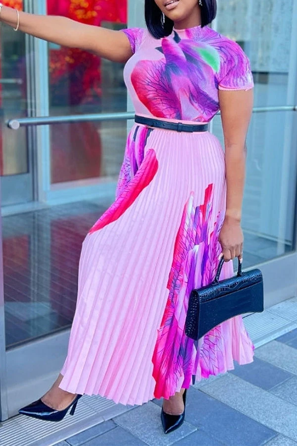 Pleated Print Short Sleeve Midi Dresses 7 Pleated Print Short Sleeve Midi Dresses - Image 7