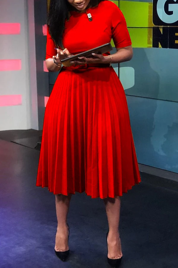 Solid Belted Pleated Swing Dress 3 Solid Belted Pleated Swing Dress - Image 3