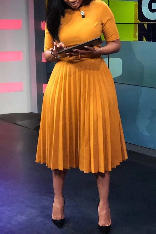 Solid Belted Pleated Swing Dress 2 Solid Belted Pleated Swing Dress - Image 2